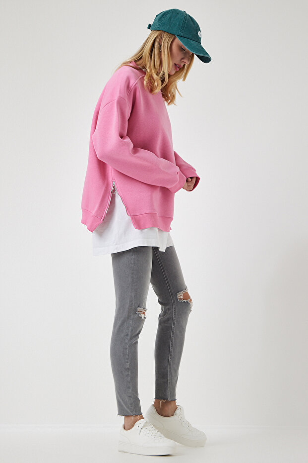 Women's Light Pink Zip-Detail Brushed Inside Knit Sweatshirt UB00148
