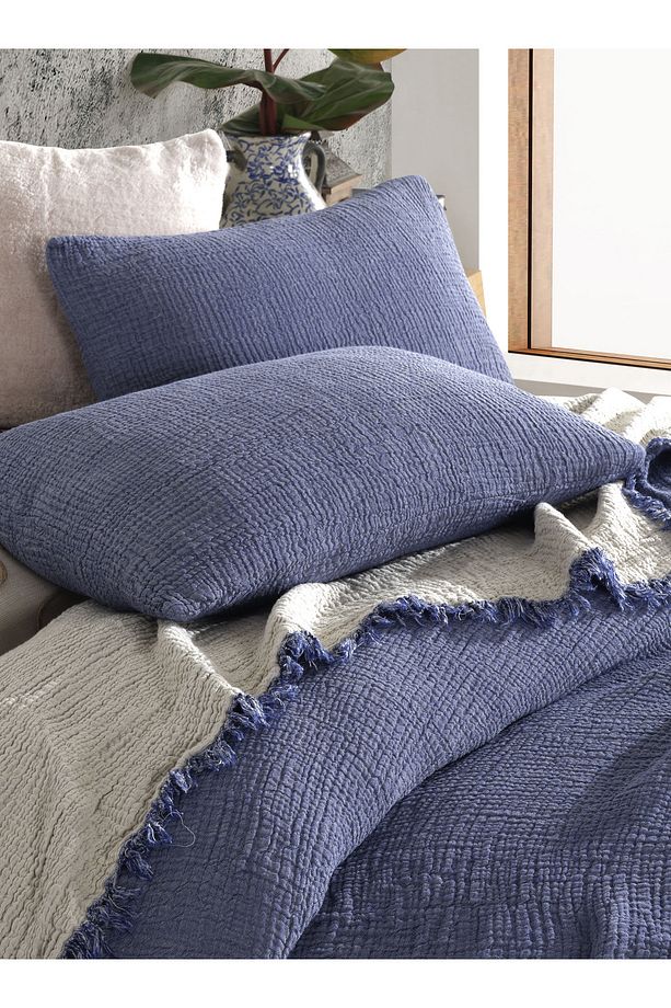 Indigo Mavi Tek Kişilik 160x240cm Yatak Örtüsü/1 Adet 50x70cm Yastık 4 Katlı Multi Muslin %100 Pamuk - 6
