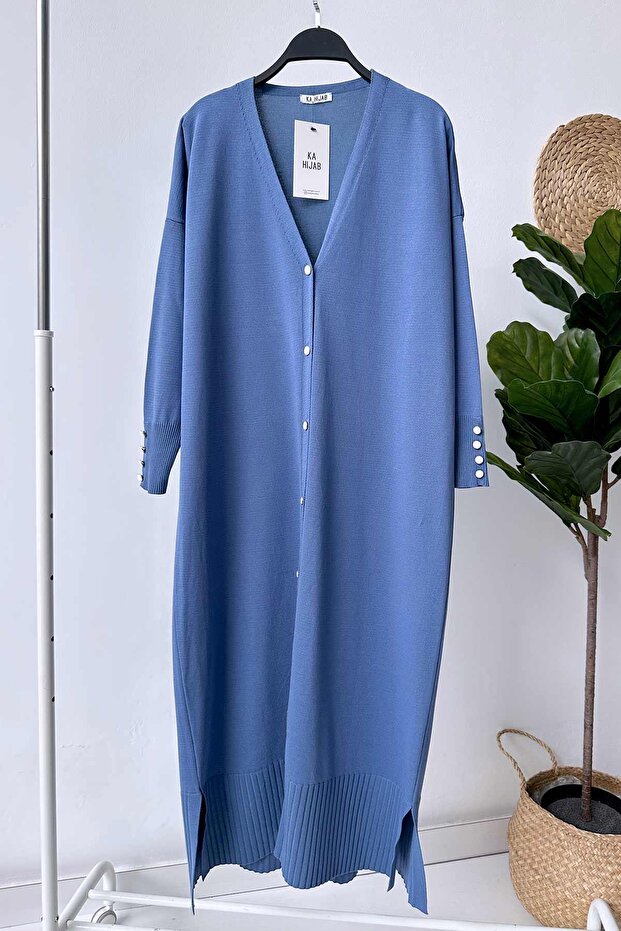 Maxi Length Buttoned Mercerized Cardigan - Indigo