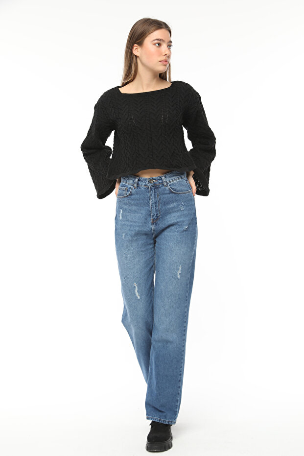 Women's Black Spanish Sleeve Openwork Fine Knitwear Sweater