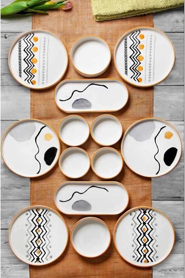 14 Parça 6 Kişilik Axial Stackable Kahvaltı Takımı - Lüx Kahvaltılık Sunum Seti Tabağı - 1