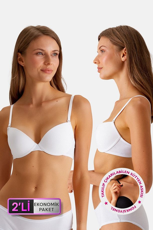 2'li Ekonomik Paket Beyaz 6812 Como Balenli Soft Push Up Micro Dekolteli T-Shirt Sütyen Set - 1