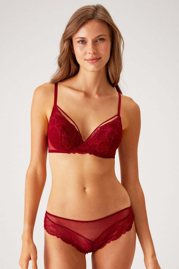 Claret Red 4822 Underwire and Padded Rope Detailed Lace Transparent Comfy Bra and Panties/Lingerie Set