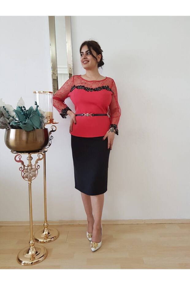 Women's Red Design Embroidered Double Suit