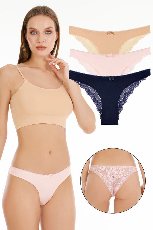 Women's Laser Cut Brazilian Model Lace Detailed 3-Piece Panties Set - Kts3106