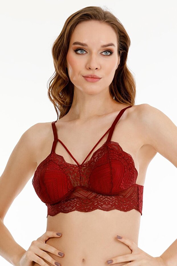 Women's Lace Cross Strap Bralet Bustier - Bra2026 Bordo