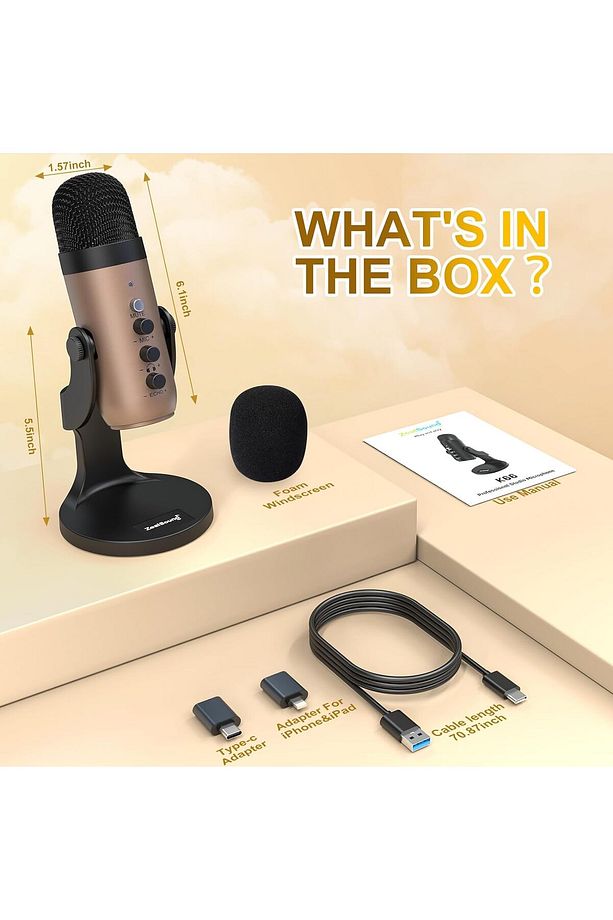 K66 Gold USB Mikrofon: Podcast, Oyun, Akış - Gürültü Önleme, Sessiz Mod, Mac ve Windows Uyumlu - 6