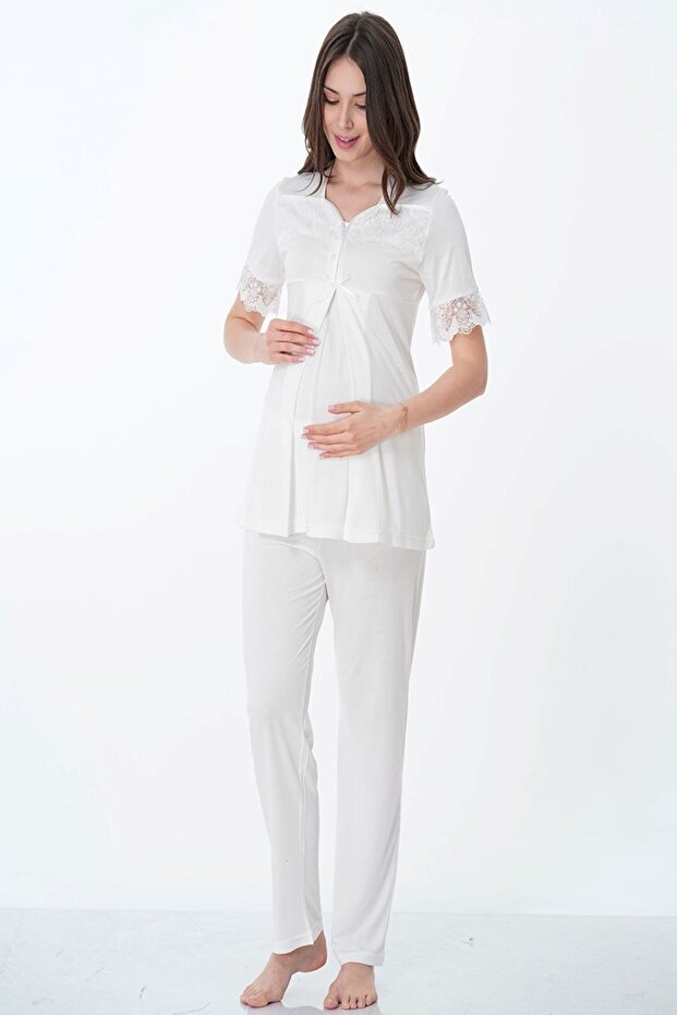 Breastfeeding-Friendly Cotton Maternity Pajama Set – Elastic Waist Effortt - Ecru