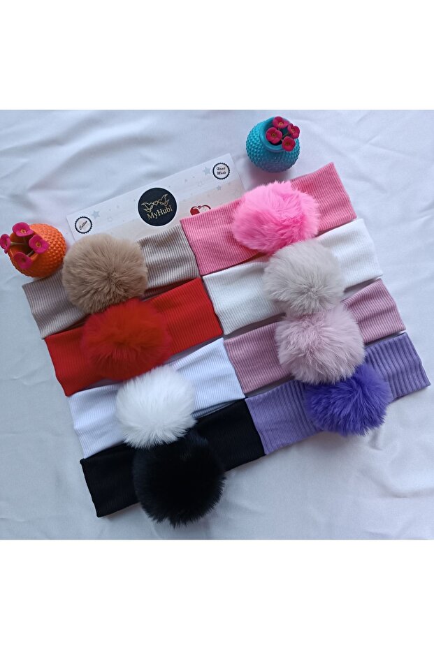 8-Piece Combination (Boxed) Handmade Baby Girl Rabbit Hair Pompom Bandana