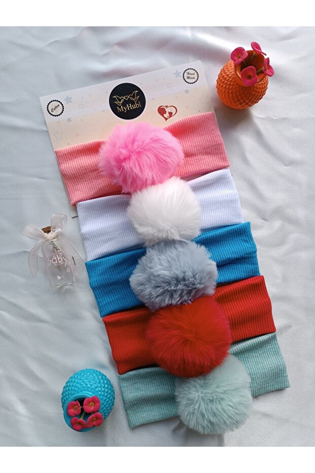 5-Piece Combination (Boxed) Handmade Baby Girl Rabbit Hair Pompom Bandana