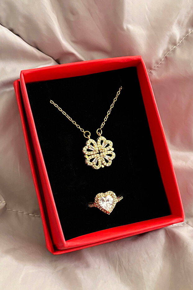 Zircon Stone Retractable Magnetic Steel Clover Necklace and Gold Color Zircon Ring