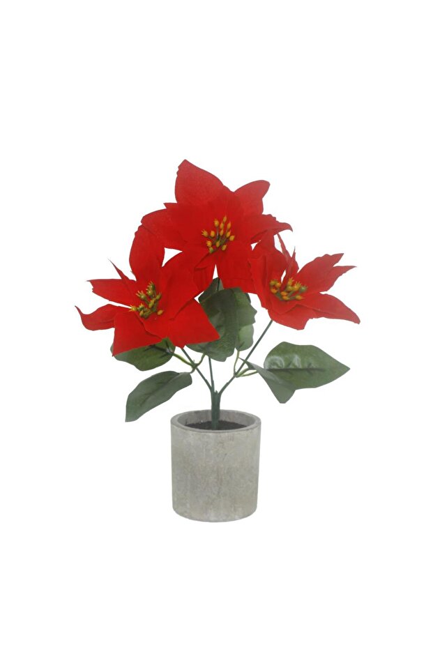 28cm Taş Saksıda Yapay Ponsetya Kumaş Çiçek - 1