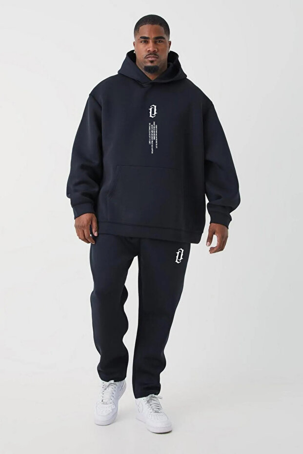 Men's Black Chest Vertical Printed Oversize Hooded Tracksuit Set