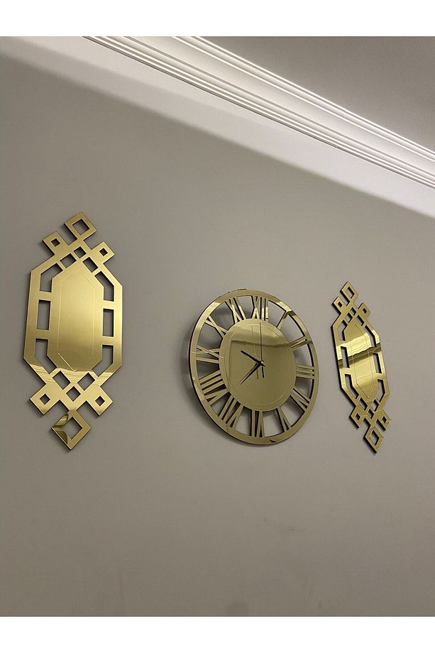 Şık Duvar Saati Seti 3 Lü Gold 40 Cm Dekoratif Roma Rakamlı Duvar Saati 18 x 51 Cm Baklava Tablolar - 1