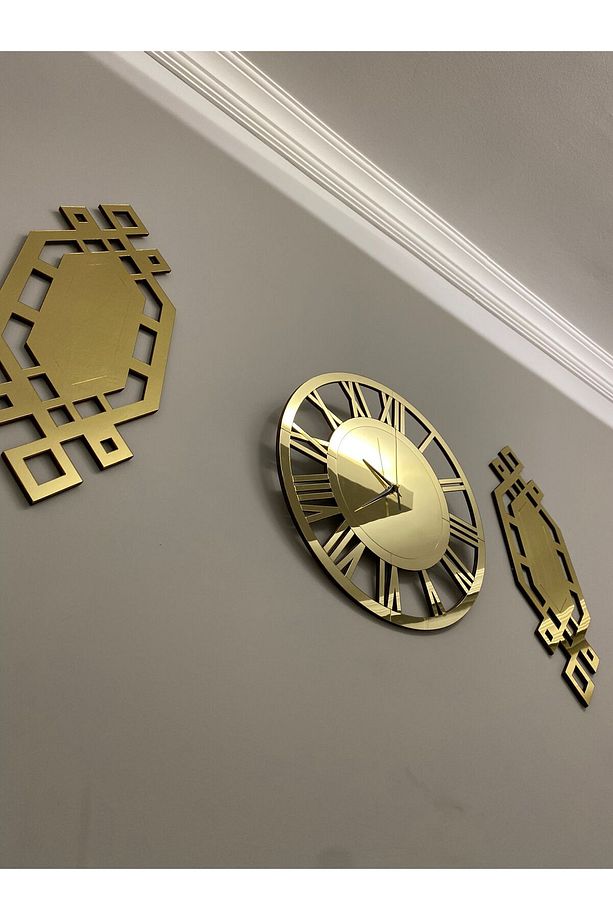 Şık Duvar Saati Seti 3 Lü Gold 40 Cm Dekoratif Roma Rakamlı Duvar Saati 18 x 51 Cm Baklava Tablolar - 3