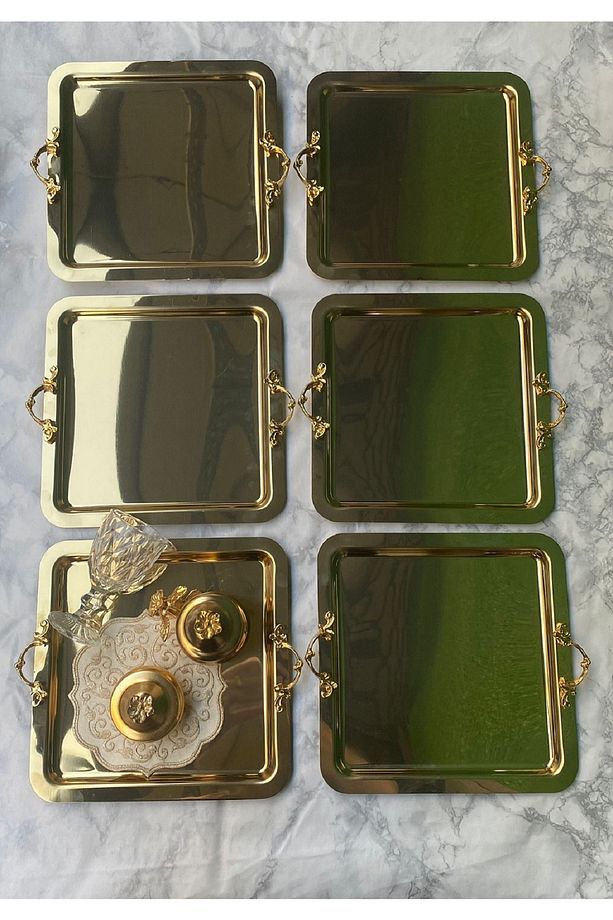 6 Adet Gold Kare KULPLU Lüx Paslanmaz Çelik Kahve Servis Sunum Tepsi & Tabağı (21X21CM) - 2