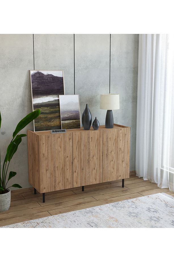 Modern Demir Ayaklı Ahşap Görünümlü Mdf Çok Amaçlı Minimalist 3 Kapaklı Konsol - 120 X 42 X 85 - 1