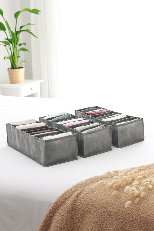 Set of 3 Gray 8 Compartment Cabinet Drawer Inside Accordion Type Folding Laundry Organizer