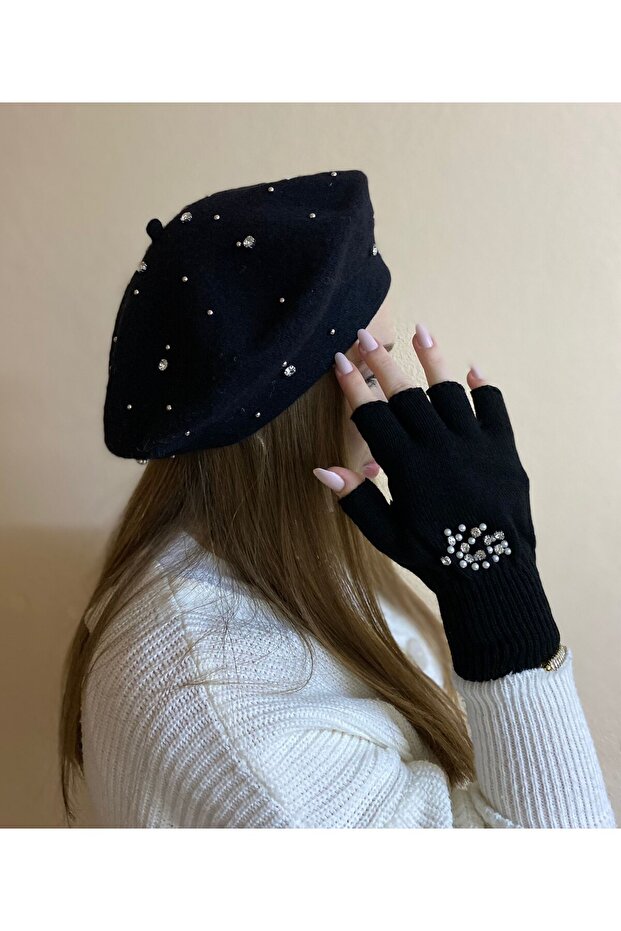 Zircon Stone Wool Painter Beret and Cut Fingers Fingerless Gloves Set - Valentine's Day Gift