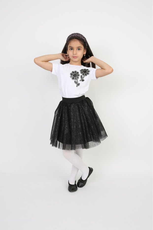 Girls' Set Silvery Skirt Black Floral Badi April 23 Show Outfit Tutu Skirt
