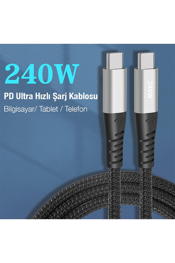 240W Type-C To Type-C Laptop Telefon Hızlı Data ve Şarj Kablosu SİYAH - 2