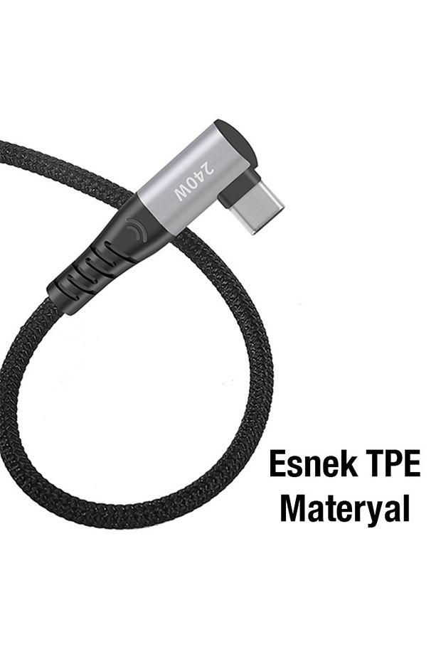 240W Type-C To Type-C 90 Derece Yatay Hızlı Şarj Kablosu SİYAH - 2