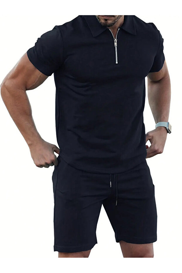 polo collar half zipper dark blue bottom with top shorts set