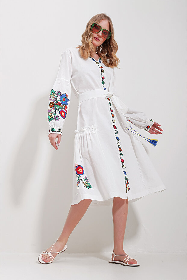 Women's White V-Neck Fully Embroidered Lined Woven Dress ALC-X11565