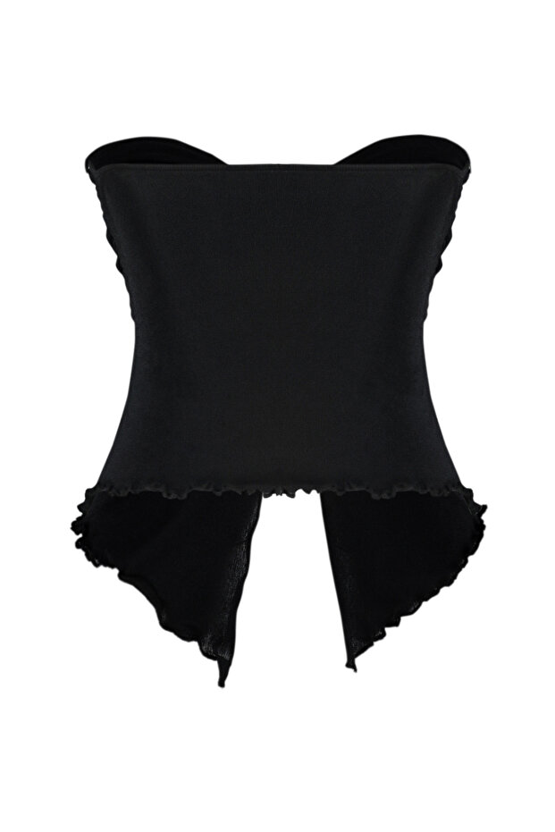 Siyah Buzzy Kalp Yaka Büzgülü Esnek Crop Örme Bluz TWOSS24BZ00204 - 8