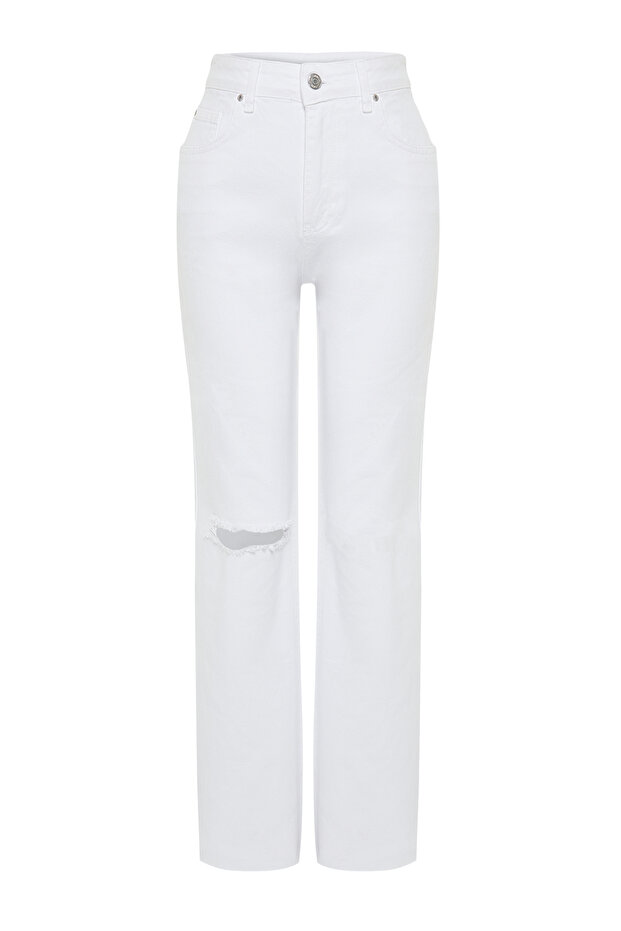 Beyaz Yırtıklı Yüksek Bel Wide Leg Jeans TWOSS24JE00167 - 7