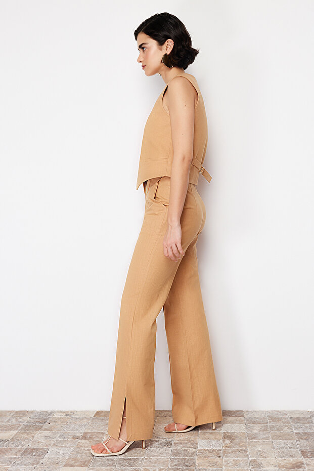 Camel Premium Straight/Düz Kesim Keten Dokuma Pantolon TWOSS24PL00079 - 4