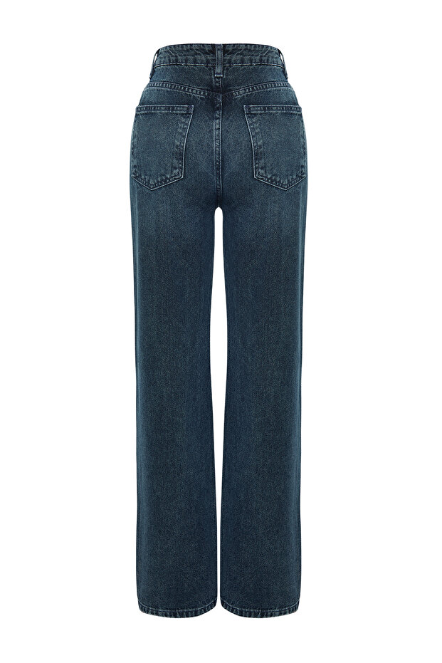 Koyu Mavi Soluk Efekt Vintage Yüksek Bel Wide Leg Geniş Paça %100 Pamuk Jeans TWOSS24JE00080 - 8