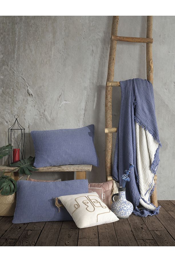 Indigo Mavi Tek Kişilik 160x240cm Yatak Örtüsü/1 Adet 50x70cm Yastık 4 Katlı Multi Muslin %100 Pamuk - 7