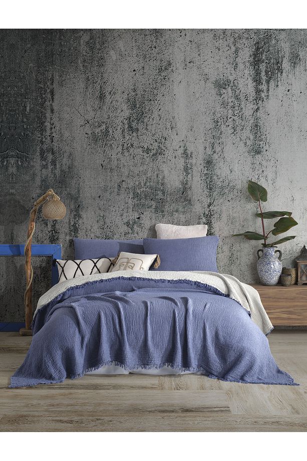 Indigo Mavi Tek Kişilik 160x240cm Yatak Örtüsü/1 Adet 50x70cm Yastık 4 Katlı Multi Muslin %100 Pamuk - 4