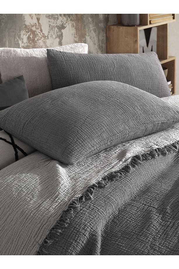 Antrasit Tek Kişilik 160 X 240cm Yatak Örtüsü/1 Adet 50x70cm Yastık 4 Katlı Multi Muslin %100 Pamuk - 6