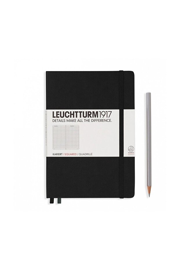 Leuchtturm197 دفتر ملاحظات مقاس متوسط (A5)، غلاف مقوى، 249 صفحة مرقمة، مربعات، أسود