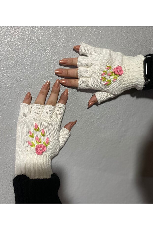 Handmade Ecru Flower Embroidered Finger Cut Gloves - Fingerless Gloves - Gift Valentine's Day