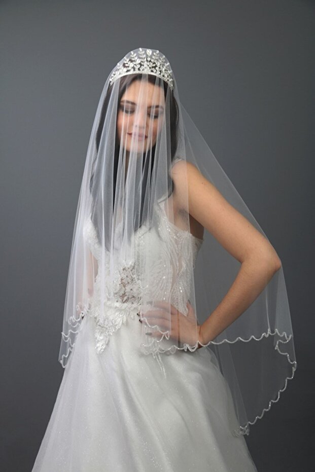 Bridal Veil Suitable for Hijab Combless Crystal Stone Embroidered Silk Dream Tulle Off-White Color