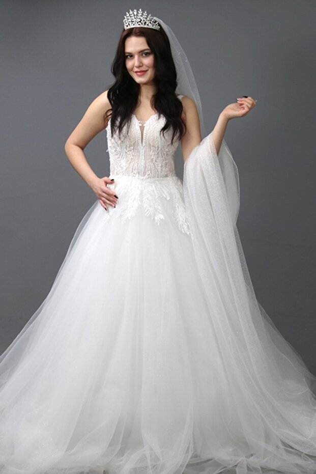 Glitter Long Wedding Dress Veil or Wedding Veil 3 Meters Long with Comb Off-White Color