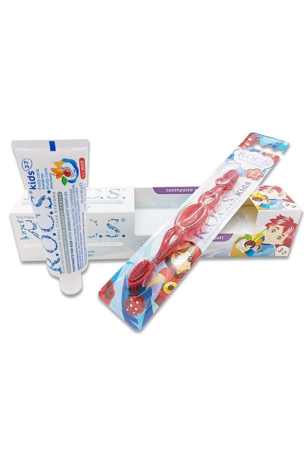 Rocs Kids 3-7 Yaş Meyve Külahı 35 Ml Diş Macunu Ve Fırçası Seti Kırmızı - 1