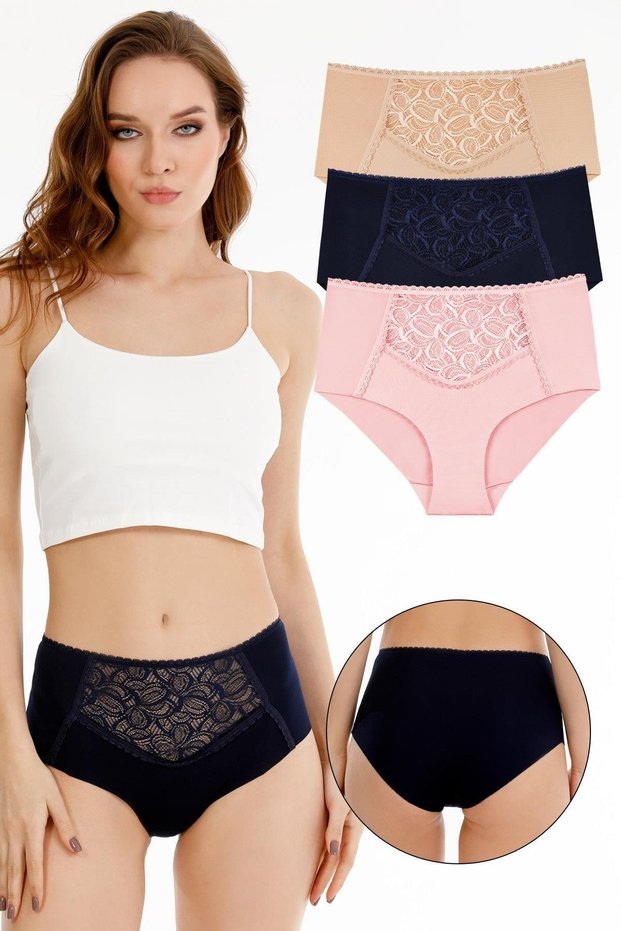 Women's Laser Cut High Waist Lace Detailed 3-Piece Panties Set - Kts3102