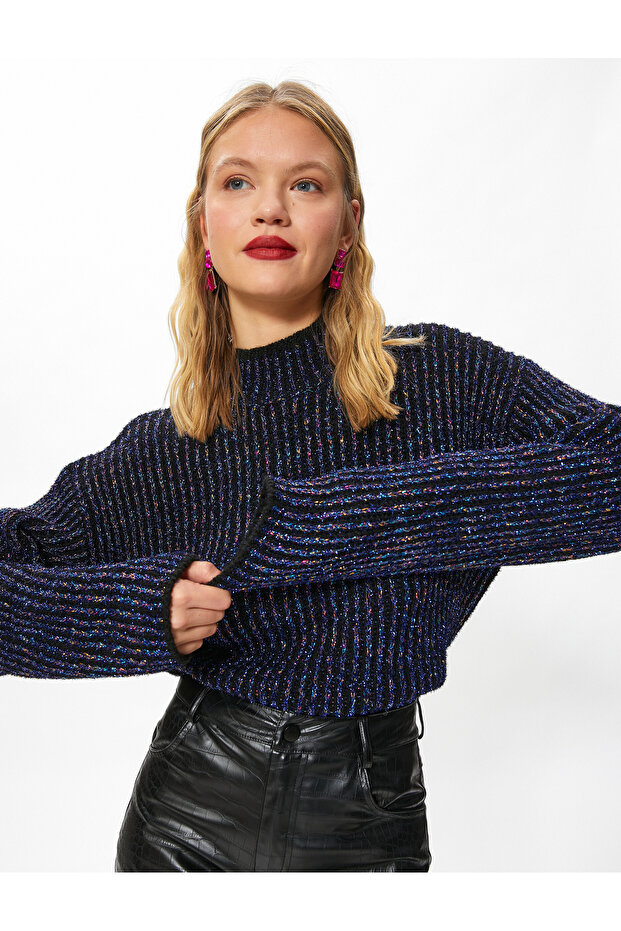 Glitter Knitwear Sweater Relax Fit Stand Collar