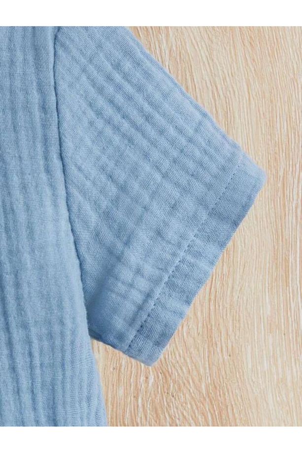 Unisex Bebek&Çocuk %100 Pamuklu Düğmeli Müslin Alt Üst Şort Takım-Mavi - 4