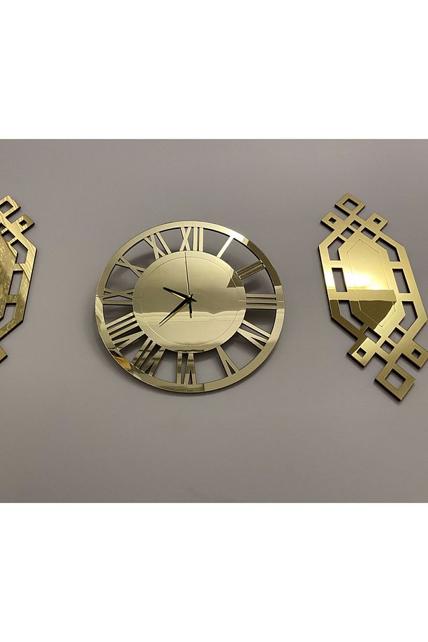 Şık Duvar Saati Seti 3 Lü Gold 40 Cm Dekoratif Roma Rakamlı Duvar Saati 18 x 51 Cm Baklava Tablolar - 9