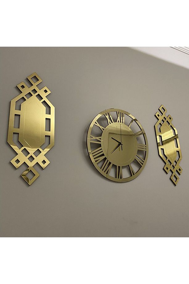 Şık Duvar Saati Seti 3 Lü Gold 40 Cm Dekoratif Roma Rakamlı Duvar Saati 18 x 51 Cm Baklava Tablolar - 5