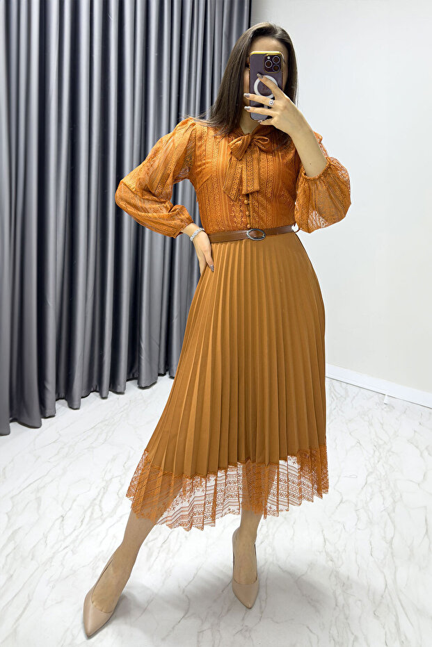 Tan Tie-Detail French Lace Pleated Evening Dress