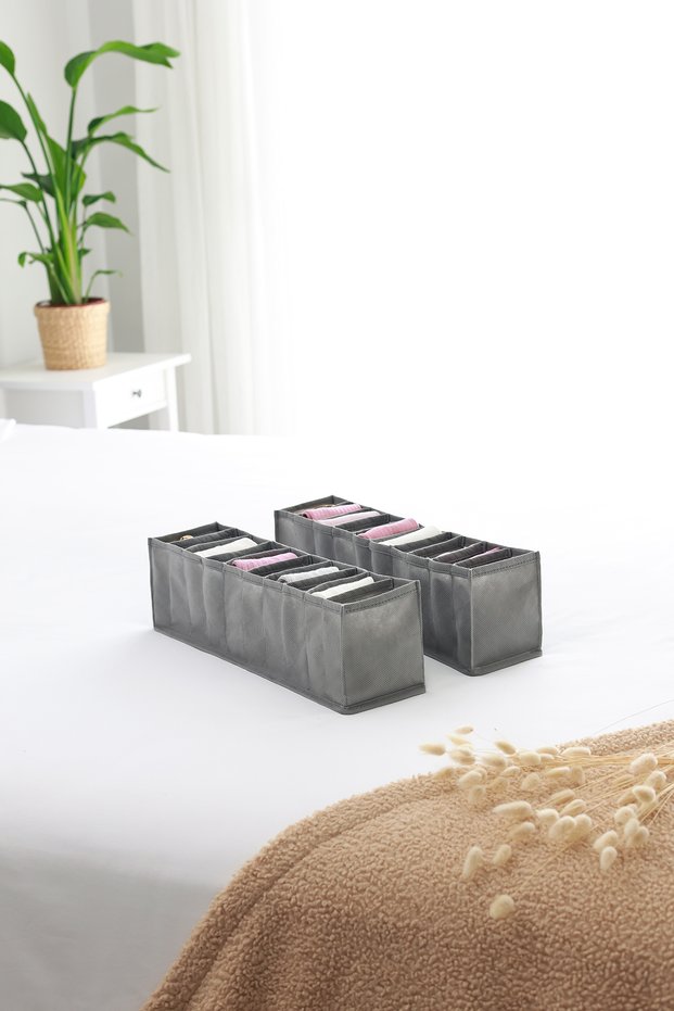Set of 2 Gray 10 Compartment Cabinet Drawer Inside Accordion Type Folding Laundry Organizer
