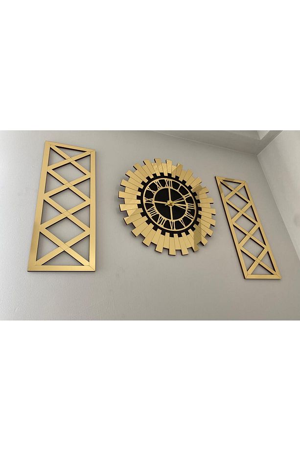 Dekoratif Duvar Saati 3 lü Seti 40 Cm Şık Roma Rakamlı Lüks Güneş Saat 18 x 48 Cm Çapraz Tablolar - 1