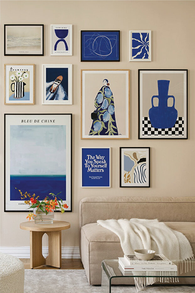 no77decor 11 Parça The Way You Speak Blue Tarzında (AHŞAP VE ÇERÇEVE GÖRÜNÜMLÜ) Tablo Seti