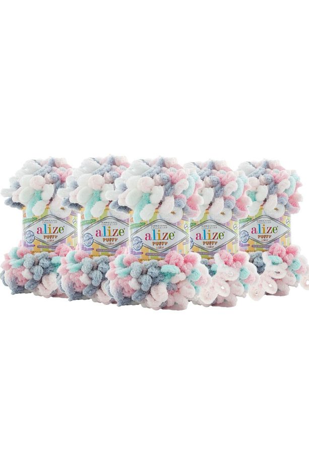AlizePuffy Color El Örgü Ipliği 5'li Paket 6529 GRİ BEYAZ MAVİ PEMBE 100 gr 9 mt Parmak Örgü Ipi - 1